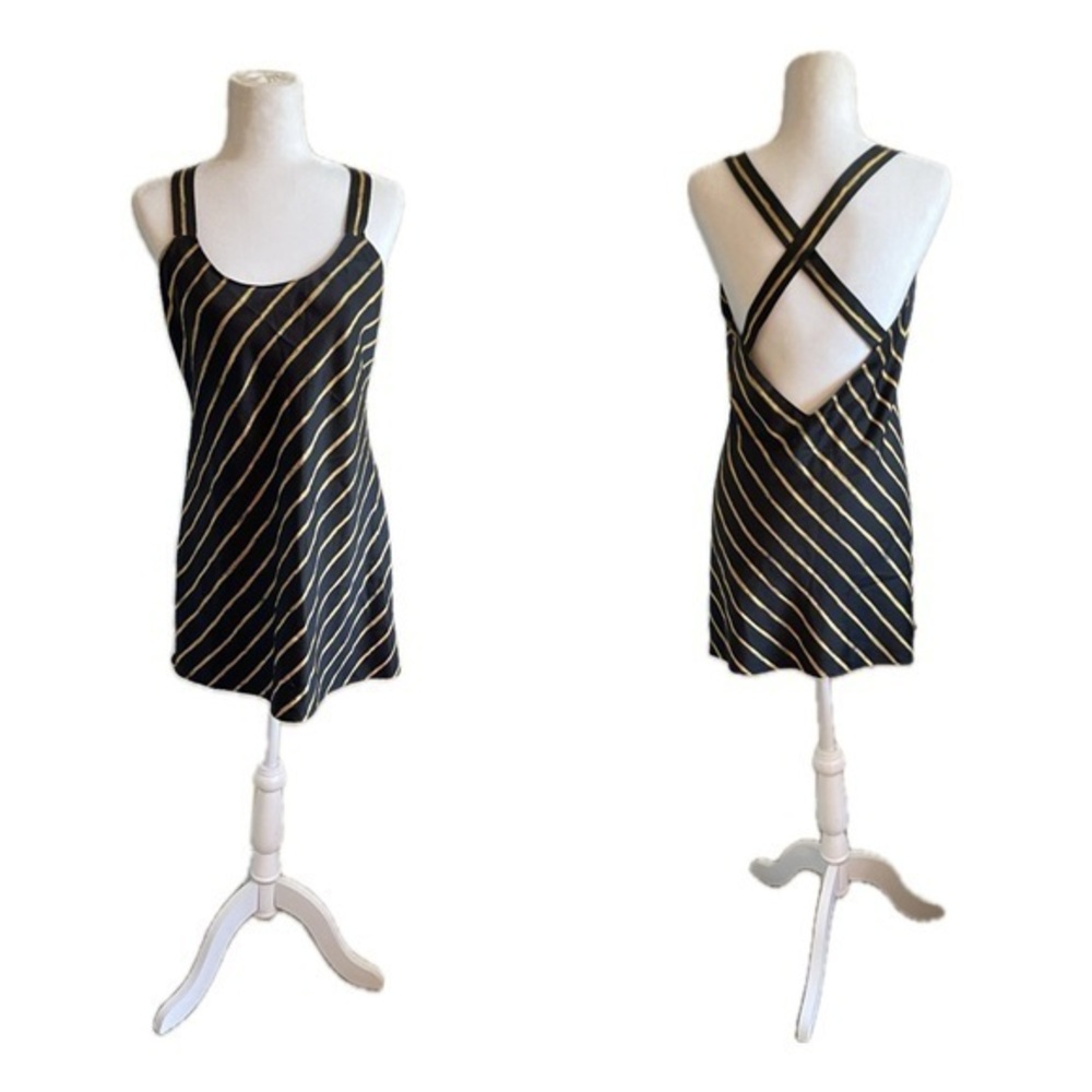 90s Victoria Secret Collection Black Gold Slip Mini Dress Satin Whimsigoth Small